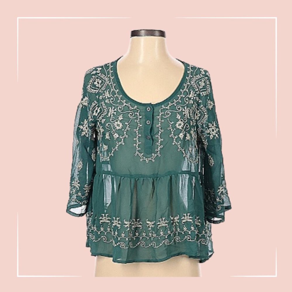 Free People Sheer Boho 3/4 Sleeve Blouse